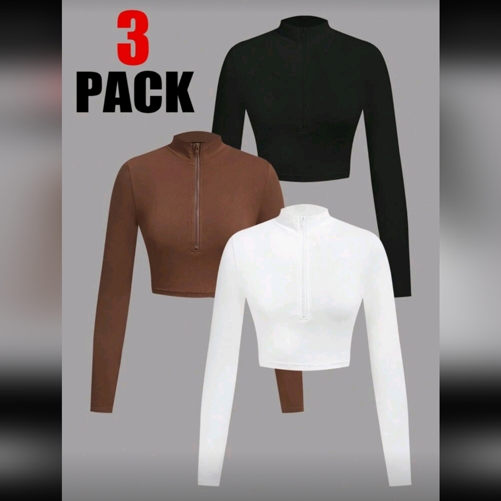 SOLD!!!SHEIN 3-Pack Long Sleeve Zip-Up Crop Tops - Black, White, Brown